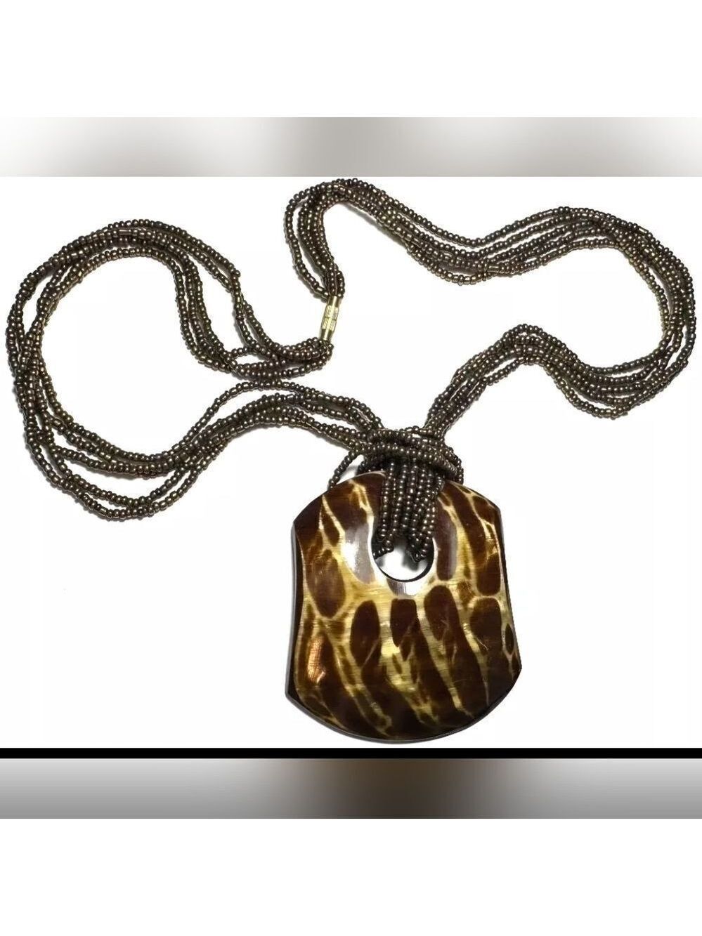 Vintage Necklace Seed Bead Multi Strand Animal Print Large Brown 20"